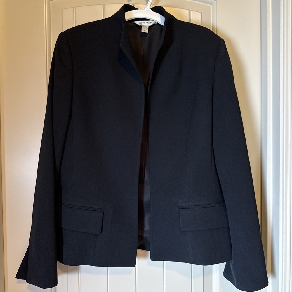 Austin Reed Sz 8 100% Worsted Wool Blazer Black Open Front Career Old Money USA